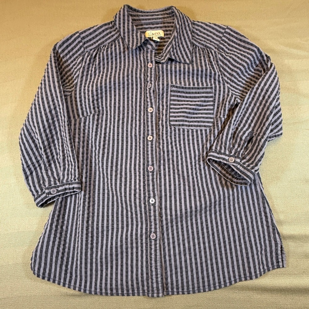 Denim & Co Blue Striped 3/4 Sleeve Button Down Shirt A393413 Womens Small 2475